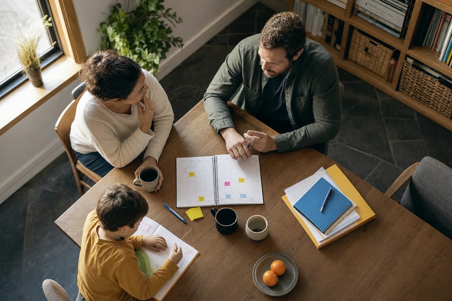 An image depicting two parents standing on opposite sides with a child in the middle holding both their hands. The background shows a split path symbolizing divergent parenting approaches. One parent is shown with a thoughtful expression, holding a book t