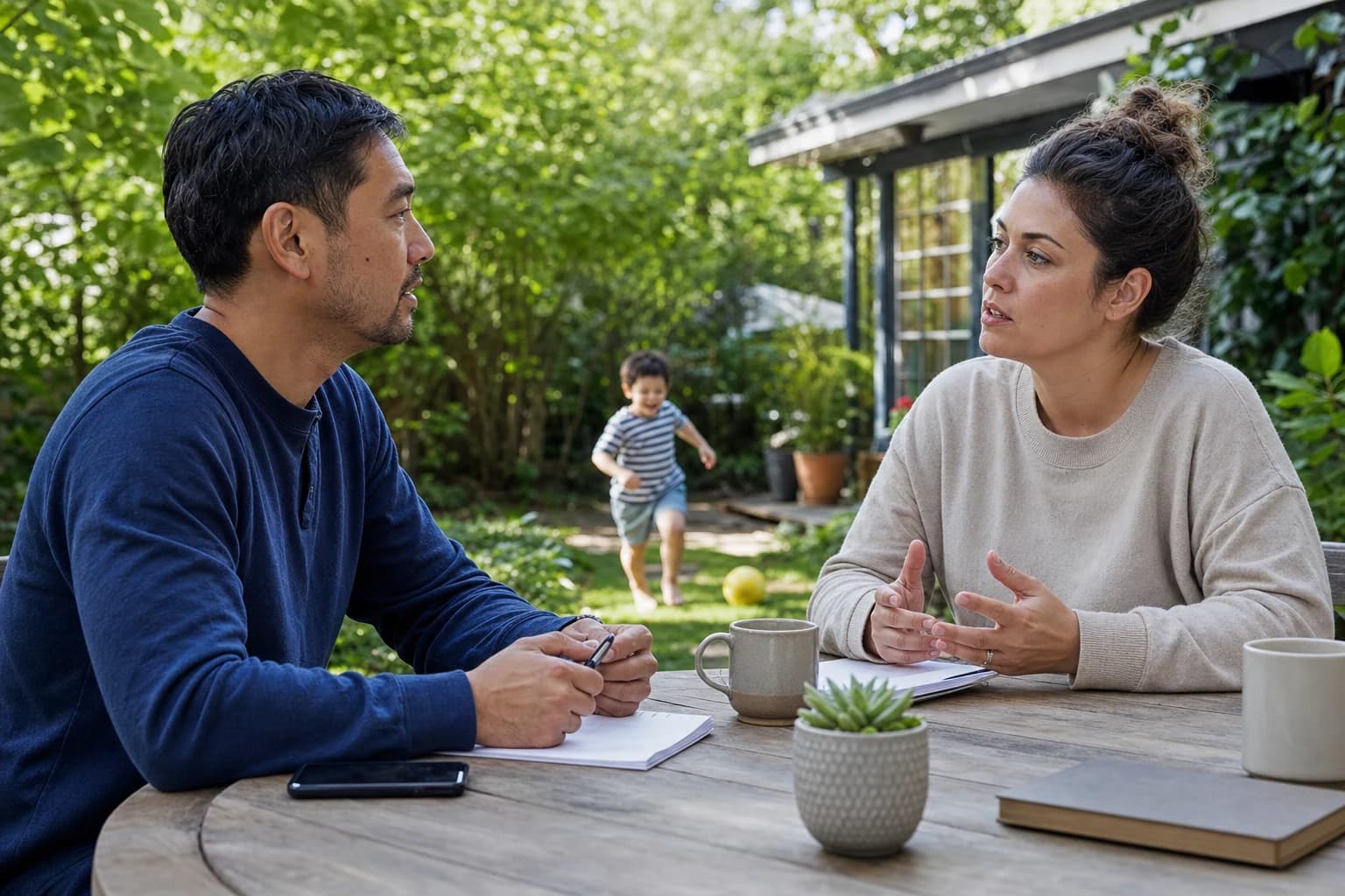 An image of two parents sitting at a table, engaged in a calm and focused discussion. The setting is neutral and business-like, with both individuals having notepads and pens in front of them. They appear to be actively listening to each other, demonstrat
