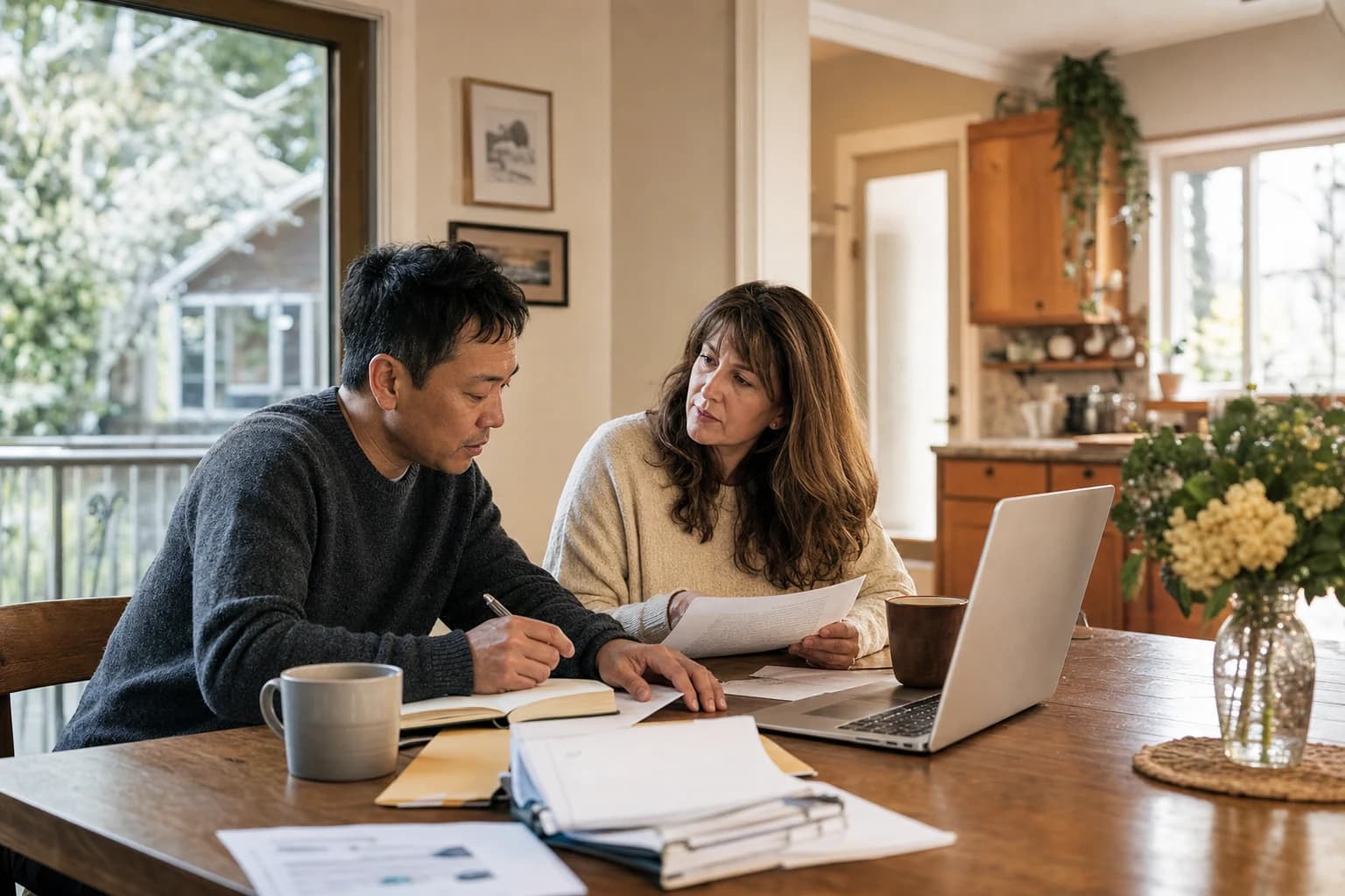 An image of a professional-looking office setting with a wooden table, on which lies an open legal binder filled with neatly organized documents. A pair of reading glasses rests on the binder, and a pen is placed beside it. In the background, there is a g
