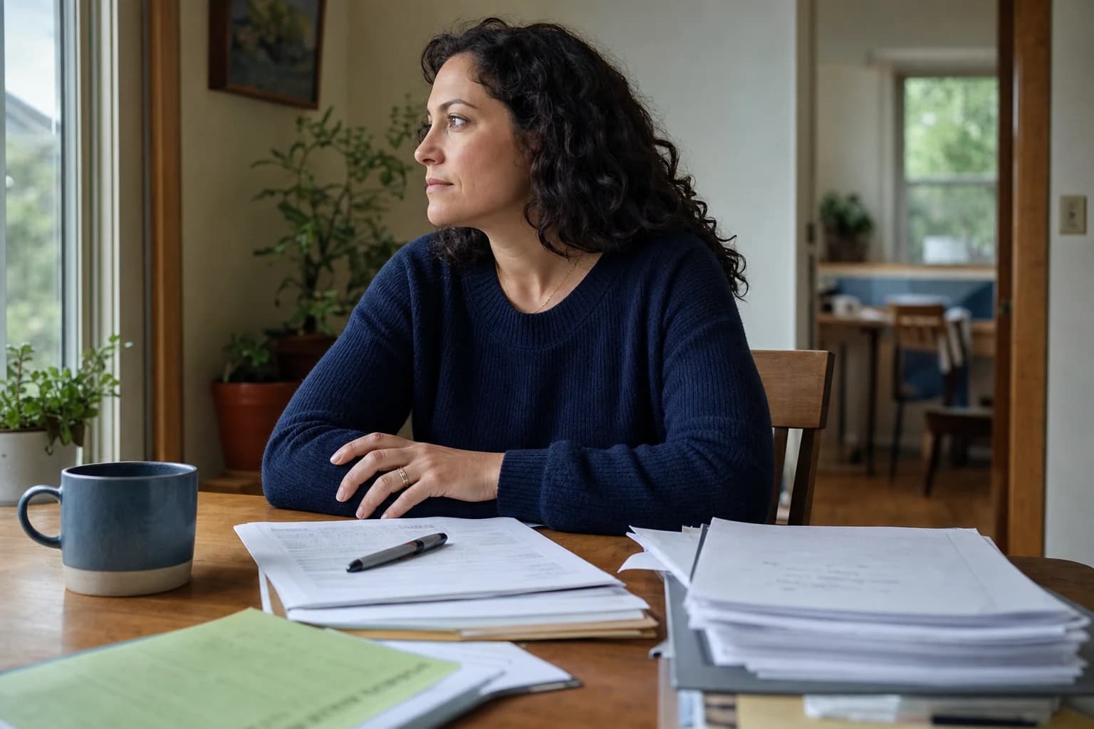An image showing a stack of legal documents on a wooden desk, with a pair of reading glasses resting on top. The top document is titled "Petition for Dissolution of Marriage" in bold letters. In the background, there is a pen and an Oregon state seal stam