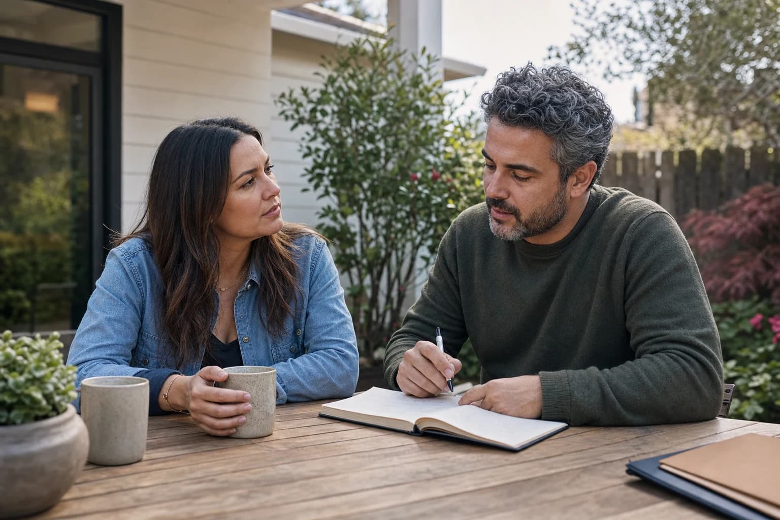 An image of a solemn couple sitting at a table, each looking thoughtfully in opposite directions. The table is cluttered with legal documents and a laptop displaying an Oregon state court website. The background shows a softly lit room with legal books on