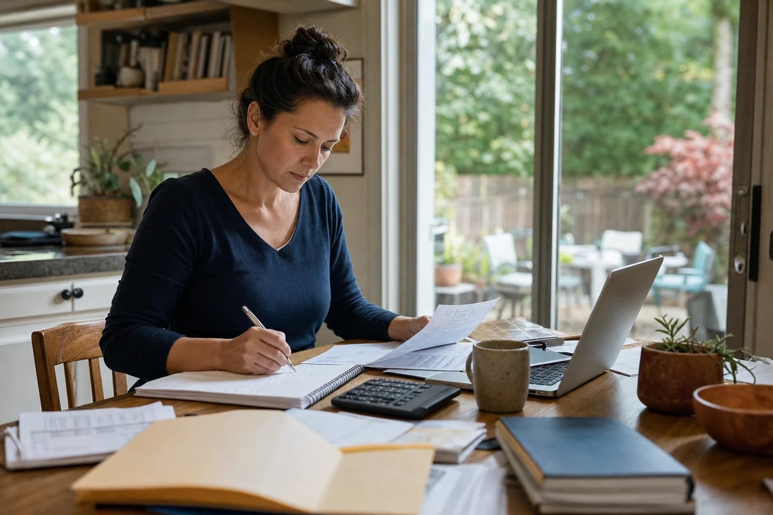 An image shows a neatly organized desk in a modern office setting. On the desk are various items essential for preparing for a divorce attorney consultation: an open laptop displaying a credit report, stacks of papers including tax returns and pay stubs,
