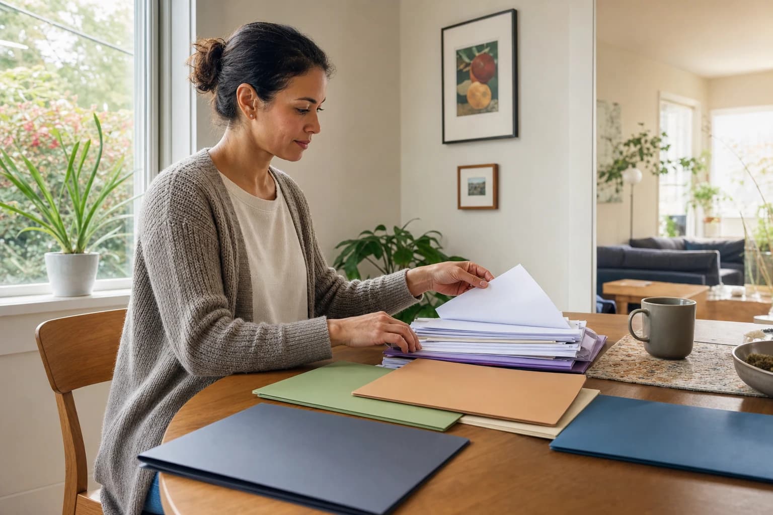 Image shows a contemplative middle-aged couple sitting at a table, surrounded by papers and a laptop. The woman appears focused on the laptop screen, while the man is holding a pen and looking at a document in his hand. Both wear casual clothing and exhib