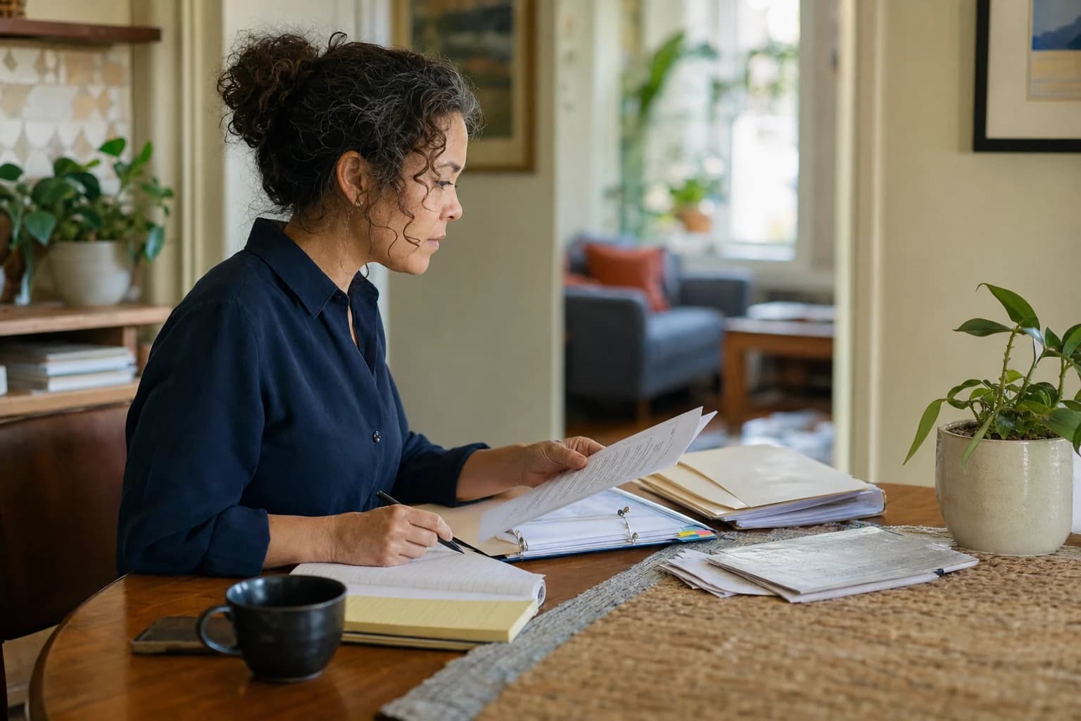 A professional-looking office setting with a family law attorney sitting at a desk, attentively listening to a client seated across from them. The desk is organized with legal documents, a laptop, and a notepad. The attorney appears engaged and empathetic