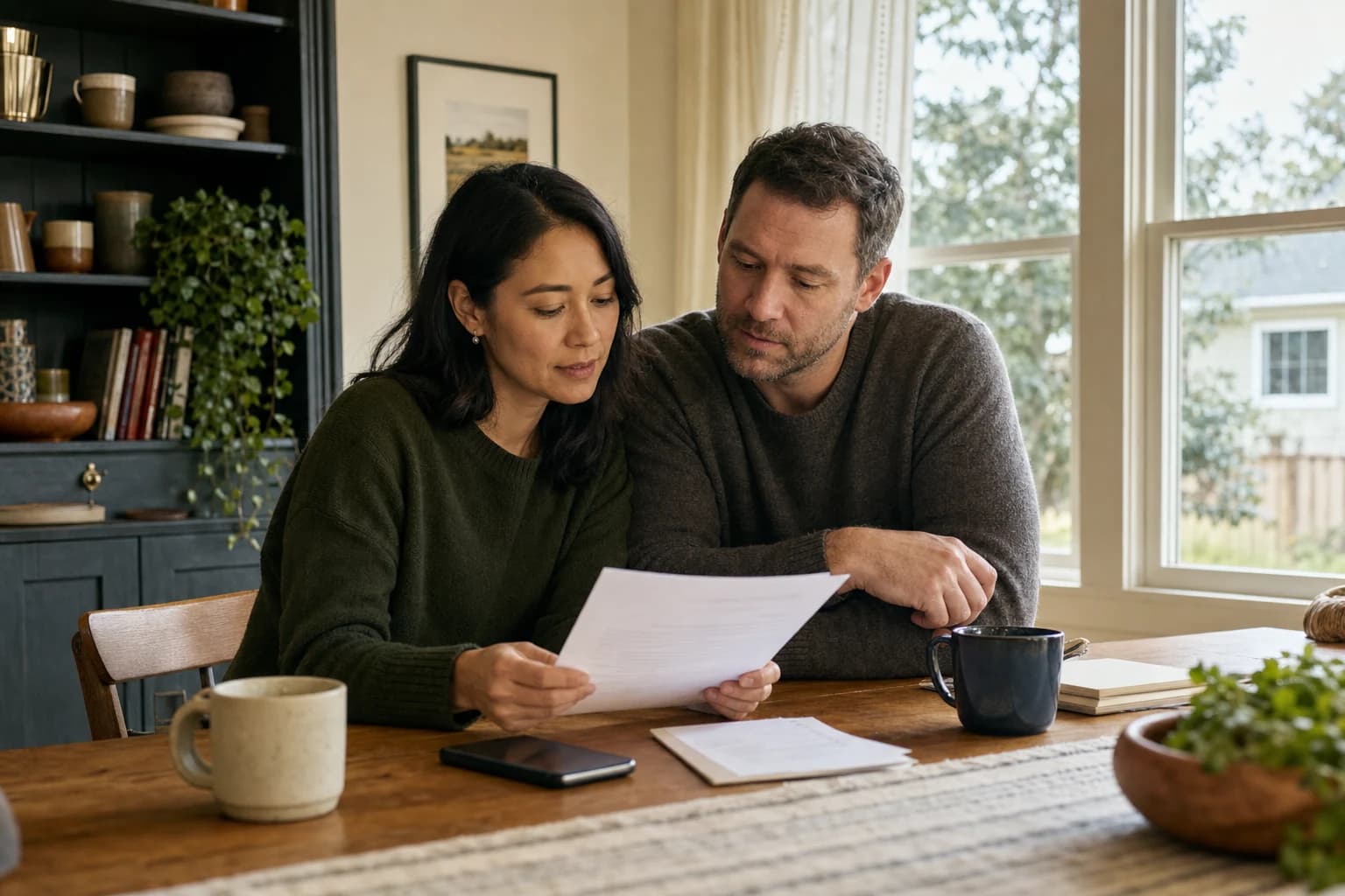An image of a solemn-looking middle-aged couple seated at a wooden table, each holding a pen and reviewing a stack of legal documents. The man, in a suit, is looking down at the papers with furrowed brows, while the woman, wearing glasses and business att