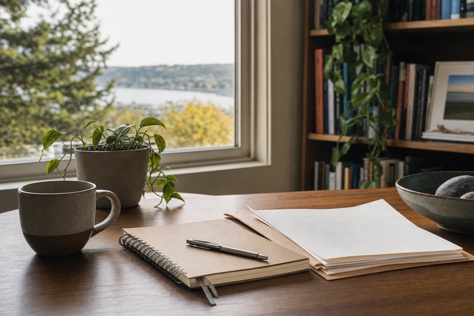 A middle-aged woman sits at a wooden kitchen table, surrounded by paperwork and a laptop, with a thoughtful expression. Sunlight streams through a nearby window, casting a warm glow on the scene. A steaming cup of coffee rests beside her elbow, and an ope