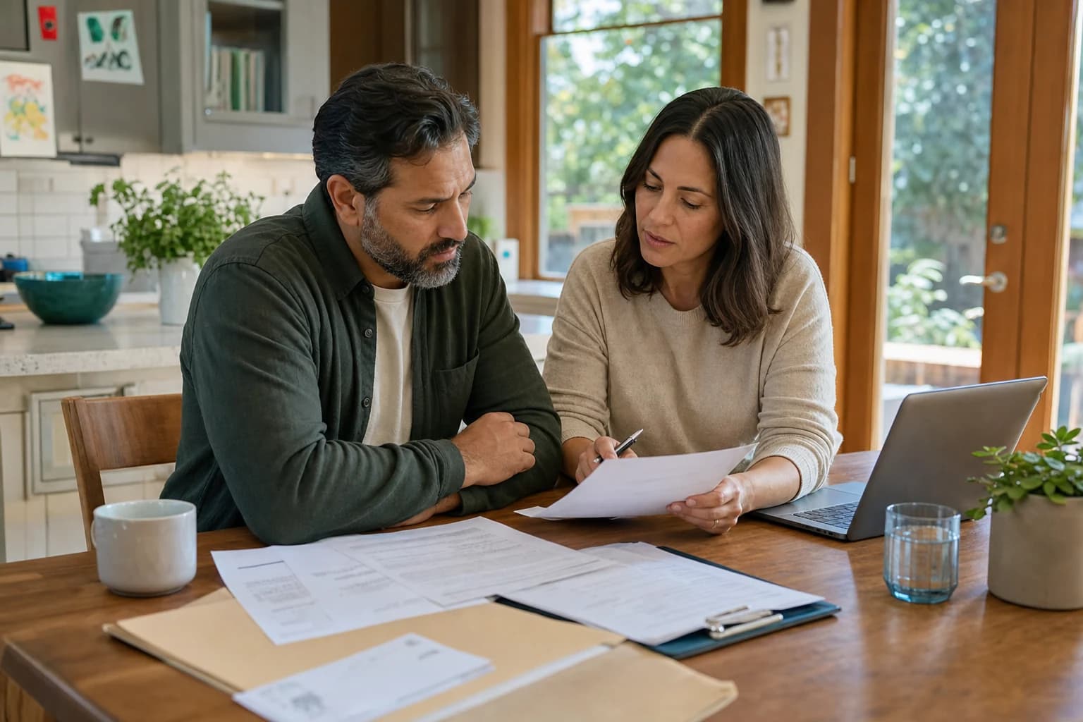 An image of a concerned couple sitting at a table, surrounded by paperwork related to divorce and child support. The couple appears deep in discussion, with the mother holding a pen and the father reviewing documents. On the table are visible forms labele