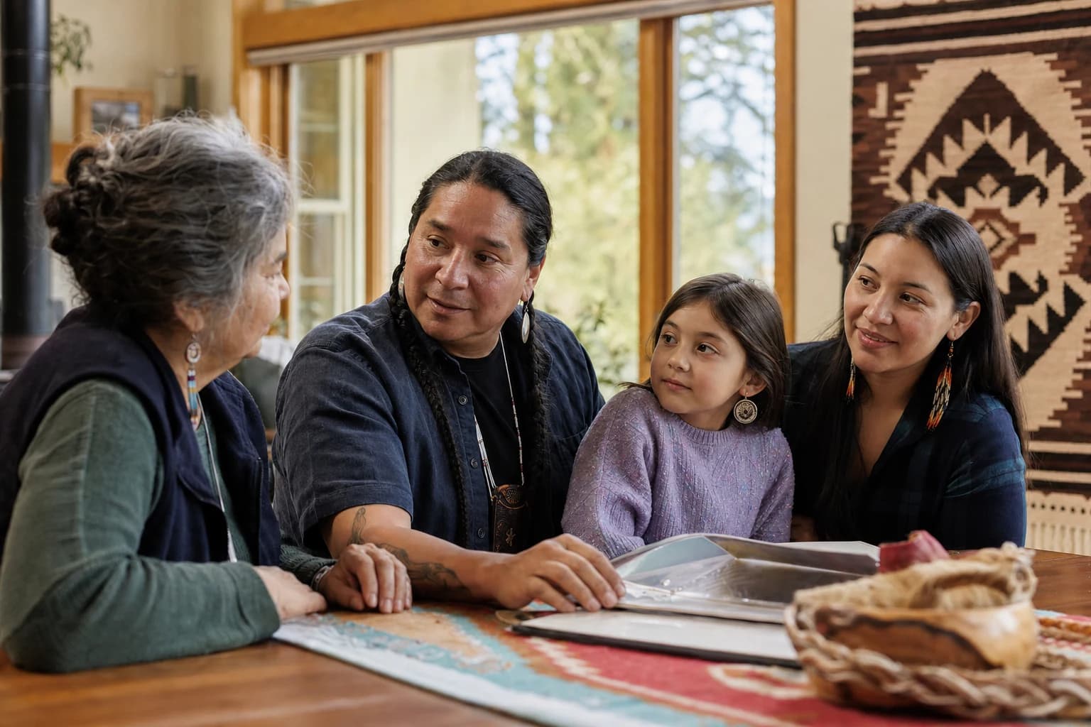 An image of a Native American family gathered together, showcasing diverse generations from elders to young children. The setting is a warm, inviting home filled with cultural artifacts such as woven baskets and traditional artwork. The family members are