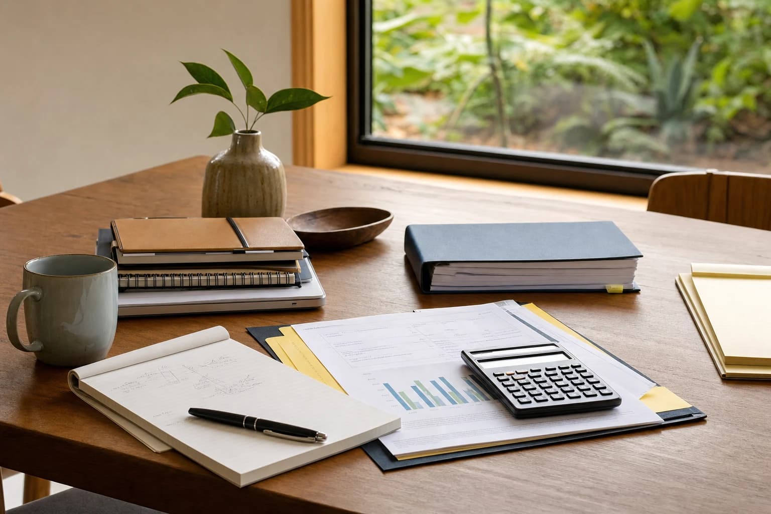 An image of a professional office setting with a conference table surrounded by chairs. On the table are stacks of documents, a laptop, and a calculator, symbolizing the business valuation process in divorce proceedings. In the background, two individuals